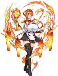 1girl action_taimanin alternate_costume artist_collaboration breasts collared_jacket curvy drone fire fireball framed_breasts full_body gloves hair_ornament halterneck high_heels high_ponytail highres holding huge_breasts jacket kamimura_maika kamimura_maika_(future) lilith-soft lips long_hair looking_at_viewer midriff miniskirt mist_train_girls navel official_alternate_costume official_art orange_hair ponytail purple_eyes shiny_clothes shiny_skin skin_tight skindentation skirt solo standing taimanin_(series) taimanin_rpgx transparent_background vambraces wide_hips