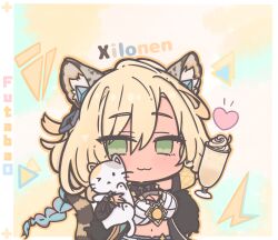 &gt;_o 1girl animal animal_ear_fluff animal_ears artist_name blonde_hair breasts cat cat_ears cat_girl cat_tail character_name cleavage commentary cup eyes_visible_through_hair futaba_(anti_clockwise) genshin_impact green_eyes hair_between_eyes heart holding holding_animal holding_cat holding_cup large_breasts long_hair long_sleeves midriff one_eye_closed solo symbol-only_commentary tail white_cat xilonen_(genshin_impact)