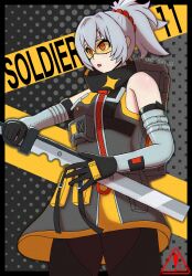 1girl bare_shoulders goggles grey_hair hair_between_eyes highres holding holding_weapon open_mouth orange_eyes ponytail short_hair soldier_11_(zenless_zone_zero) solo sword weapon white_hair zenless_zone_zero