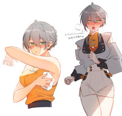 Rule 34 | 104 same, 1girl, armpits, blush, braid, braided bun, breasts, chinese clothes, clothing cutout, commentary request, cowboy shot, cropped torso, full-face blush, genderswap, genderswap (mtf), green eyes, grey hair, grey jacket, hair between eyes, hair bun, hair up, highres, holding cloth, jacket, large breasts, long sleeves, looking at viewer, multiple views, official alternate costume, open mouth, orange shirt, parted lips, shirt, shorts, shoulder cutout, sleeveless, sleeveless shirt, sweatdrop, translation request, white shorts, wiping sweat, wise (soaring crane) (zenless zone zero), wise (zenless zone zero), zenless zone zero