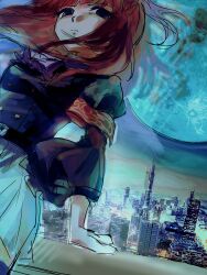 1girl absurdres arm_support armband blue_eyes blunt_bangs city city_lights cityscape dutch_angle floating_hair frills full_moon hair_bobbles hair_ornament highres huge_moon jacket juliet_sleeves long_hair long_sleeves looking_at_viewer moon night night_sky pleated_skirt puffy_sleeves red_hair ribbon skirt sky solo two_side_up umineko_no_naku_koro_ni user_ycmn2552 ushiromiya_ange white_skirt
