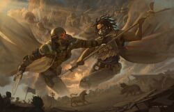 2025 absurdres american_flag ammunition_pouch armor artist_name bear belt belt_pouch beret bird blood broken_eyewear bull bulletproof_vest caesar&#039;s_legion canteen cityscape cloud cloudy_sky courier_(fallout:_new_vegas) dark_skin deimos_art dreadlocks duster eagle ed-e eyebot fallout fallout:_new_vegas fighting gas_mask glaive_(polearm) gun hat helmet highres holding holding_gun holding_knife holding_staff holding_weapon knee_pads knife lightning machete mask new_california_republic nuclear_weapon pauldrons pip_boy polearm pouch power_armor power_armor_(fallout) ruins shoulder_armor sky staff two_heads ulysses_(fallout:_new_vegas) utility_pole weapon