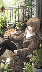 1girl absurdres bob_cut brown_hair brown_jacket cigarette cigarette_pack coffee commentary_request crossed_legs cup expressionless feet_out_of_frame grey_pants hashimoto_kokai highres holding holding_cigarette jacket lighter looking_ahead on_chair original pants plaid_clothes plaid_jacket plant potted_plant round_table saucer shirt short_hair sitting smoke solo table white_shirt wooden_chair wooden_table