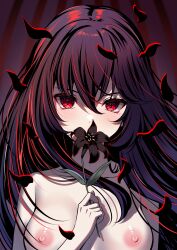 Rule 34 | 1girl, akine (kuroyuri), black flower, black hair, blush, breasts, covered mouth, flower, hair between eyes, highres, holding, holding flower, long hair, looking at viewer, medium breasts, multicolored hair, nipples, original, petals, red eyes, red hair, simple background, solo, two-tone hair, upper body