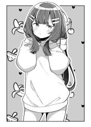 1boy absurdres banana blush border closed_mouth commentary_request food fruit grey_background greyscale hair_ornament hairclip hands_up heart heart_background highres hood hood_down hoodie jako_(jakoo21) long_hair long_sleeves looking_at_viewer monochrome mushroom outline phallic_symbol puffy_long_sleeves puffy_sleeves small_sweatdrop solo standing sweat v-shaped_eyebrows very_long_hair watashi_no_hatsukoi_wa_hazukashisugite_dare_ni_mo_ienai white_border white_outline yasumi_kaede
