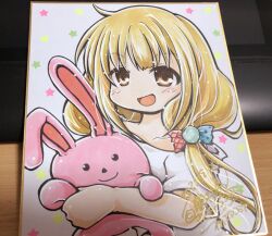 1girl :d blonde_hair blush bow brown_eyes comiket_98 commentary_request fujii_ryou futaba_anzu hair_bow idolmaster idolmaster_cinderella_girls long_hair looking_at_viewer open_mouth ponytail shikishi smile solo star_(symbol) stuffed_animal stuffed_rabbit stuffed_toy upper_body white_background