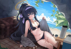 1girl absurdres bare_shoulders beach bikini black_bikini black_hair blue_archive blue_sky blush breasts cloud day hair_between_eyes hairband halo highres holding ice ice_cube jacket long_hair long_sleeves looking_at_viewer navel ocean off_shoulder official_alternate_costume open_clothes pisik ponytail ribbon sitting sky small_breasts solo spill stomach swimsuit thighs ui_(blue_archive) ui_(swimsuit)_(blue_archive) very_long_hair water white_hairband