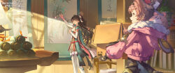 2girls absurdres aqua_dress black_gloves bodysuit box brown_hair cardboard_box colored_tips commentary copyright_notice dress earrings english_commentary fur-trimmed_jacket fur_trim glasses gloves hair_ribbon highres holding holding_box holding_paintbrush hood hood_down hooded_jacket jacket jewelry logo looking_at_another lumi_(wuthering_waves) multicolored_hair multiple_girls official_art paintbrush painting_(action) pink_jacket ribbon round_eyewear scroll white_bodysuit white_ribbon wuthering_waves zhezhi_(wuthering_waves)