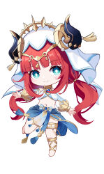 1girl absurdres aqua_eyes black_horns blue_brooch blue_skirt blunt_bangs bright_pupils brooch chibi chibi_only chinese_commentary closed_mouth commentary crop_top fake_horns full_body genshin_impact gold_trim highres horns jewelry lml long_hair long_sleeves low_twintails midriff navel nilou_(genshin_impact) puffy_long_sleeves puffy_sleeves red_hair simple_background skirt smile solo thighlet twintails veil white_background white_pupils white_veil