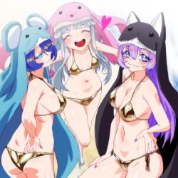 3girls ass bikini blue_hair breasts closed_eyes cowboy_shot digimon digimon_(creature) gerusyu gold_bikini golden_week golden_week_bikini grey_hair group_picture heart highres medium_breasts multiple_girls nail_polish navel nun purple_hair side-tie_bikini_bottom sistermon_blanc sistermon_ciel sistermon_noir small_breasts swimsuit