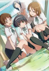 4girls blonde_hair blue_hair blush brown_eyes brown_hair bullying green_eyes grin hair_ornament kneehighs mebae multiple_girls panties pantyshot pee peeing peeing_self puddle school_uniform short_hair skirt smile socks tears thighhighs underwear upskirt yellow_eyes