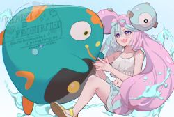 1girl :d alternate_costume bare_shoulders bellibolt bikini bikini_skirt blue_hair blush bow-shaped_hair character_hair_ornament commentary english_commentary fang hair_between_eyes hair_ornament iono_(pokemon) long_hair looking_at_another mixed-language_commentary mizuiro123 multicolored_hair navel nintendo open_mouth pink_eyes pink_hair pokemon pokemon_(creature) pokemon_sv skin_fang smile swimsuit twintails two-tone_hair very_long_hair water