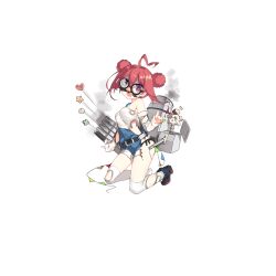 1girl ahoge alternate_costume armpits belt black_panties black_shoes breasts broken_eyewear cannon damaged double_bun fake_facial_hair fake_mustache fake_nose fang female_focus flag full_body glasses groucho_glasses hair_bun heart index_finger_raised jack-in-the-box kneeling looking_at_viewer machinery o&#039;bannon_(warship_girls_r) official_art open_mouth overalls panties potato purple_eyes red_hair saru shaded_face ship_turret shirt shoes shorts side-tie_panties smoke smokestack solo suspenders thighhighs torn_clothes torn_thighhighs torpedo transparent_background underwear warship_girls_r white_shirt white_thighhighs william_d_porter_(warship_girls_r)