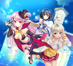 3girls :d :o ambitious_mission arise_kaguya arisue_tsukasa armor bare_shoulders belt bikini_armor black_boots black_gloves black_hair black_hat black_skirt blonde_hair blue_bow blue_eyes blue_hairband blush boots bow bowtie breasts brown_eyes cape card cleavage closed_mouth collarbone collared_shirt colored_eyelashes cowboy_shot dark-skinned_female dark_skin detached_sleeves diamond_(gemstone) dual_wielding elbow_gloves eyelashes fingerless_gloves fingernails full_body gloves gyaru hair_between_eyes hair_bow hairband hand_up happy hat hat_bow hat_feather highres holding holding_card holding_mask holding_shuriken holding_weapon hongou_nijimu ishikawa_yae japanese_clothes kimono kogal large_breasts long_hair long_sleeves looking_at_viewer mask medium_hair miniskirt moribe_(rabumanyo) multiple_girls night night_sky ninja official_art open_mouth outdoors phantom_thief pink_hair pink_sweater_vest pleated_skirt red_bow red_cape red_eyes red_skirt school_uniform shirt shuriken skirt sky sleeves_past_wrists smile sparkle star_sticker sticker_on_face straight_hair sweater_vest toeless_legwear toes top_hat toranosuke two_side_up v very_long_hair vest weapon white_belt white_kimono white_shirt wide_sleeves yellow_bow yellow_bowtie yellow_vest