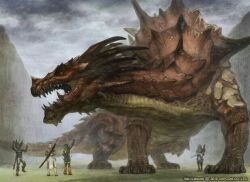 Rule 34 | armor, artist request, capcom, fantasy, forest, giant, giant monster, lao-shan lung (monster hunter), monster, monster hunter (series), multiple boys, nature, outdoors, polearm, sky, source request, spear, sword, weapon