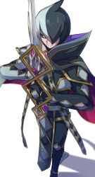 1boy black_capelet black_hair black_sclera capelet character_request colored_sclera copyright_request green_eyes grey_hair hair_over_one_eye highres holding holding_sword holding_weapon short_hair simple_background solo standing sword vani_(hisha_04) weapon white_background