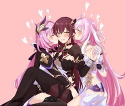 3girls black_dress black_pants black_shorts blush breasts brown_hair corset dress dual_persona eden_(honkai_impact) elysia_(herrscher_of_human:_ego)_(honkai_impact) elysia_(honkai_impact) elysia_(miss_pink_elf)_(honkai_impact) gloves hair_ornament heart holding_hands honkai_(series) honkai_impact_3rd large_breasts long_hair micro_shorts multicolored_hair multiple_girls pants pink_background pink_hair shorts smile toufu_0626 two-tone_hair very_long_hair white_corset white_gloves white_hair yellow_eyes yuri