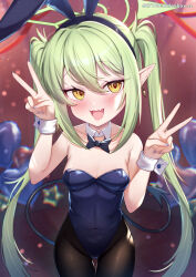 1girl animal_ear_hairband animal_ears balloon black_pantyhose blue_archive blue_bow blue_bowtie blue_leotard blue_nails blush bow bowtie breasts commentary cowboy_shot demon_tail detached_collar double_v earrings fake_animal_ears fanbox_username fang fingernails green_hair green_halo grey_hair hair_between_eyes hairband halo heart_balloon highleg highleg_leotard highres jewelry leotard loli long_fingernails long_hair long_pointy_ears looking_at_viewer loose_bowtie medium_breasts nail_polish nozomi_(blue_archive) open_mouth pantyhose playboy_bunny pointy_ears rabbit_ear_hairband rabbit_ears skin_fang smile solo standing star_balloon strapless strapless_leotard symbol-only_commentary tail thigh_gap twintails uneg v very_long_hair white_wrist_cuffs wrist_cuffs yellow_eyes