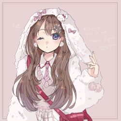 1girl brown_hair character_hair_ornament collared_shirt commentary_request diagonal-striped_clothes diagonal-striped_necktie earrings fujishima_megumi fur_jacket grey_sweater hair_ornament highres jacket jewelry link!_like!_love_live! long_hair long_sleeves looking_at_viewer love_live! necktie open_clothes open_jacket parted_lips pink_necktie plaid_clothes plaid_skirt pom_pom_(clothes) pom_pom_earrings purple_eyes revision sanrio shirt skirt skp1cnqfehmpasi solo striped_clothes sweater translation_request upper_body virtual_youtuber white_jacket white_shirt white_skirt wish_me_mell