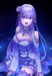1girl :d absurdres braid breasts cleavage clothing_cutout crown_braid emilia_(re:zero) flower green_pendant grey_thighhighs hair_flower hair_ornament highres hiyo_(pixiv31594891) long_sleeves medium_breasts miniskirt open_mouth pink_flower pink_trim pleated_skirt purple_eyes purple_hair re:zero_kara_hajimeru_isekai_seikatsu shoulder_cutout sitting skirt smile solo thighhighs white_skirt zettai_ryouiki