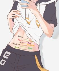 Rule 34 | 1boy, aotu world, black shorts, body writing, cellphone, character name, chinese commentary, clothes lift, drawstring, english text, head out of frame, highres, holding, holding phone, hood, hood down, hoodie, hoodie lift, implied yaoi, king (aotu world), laomotoula, length markings, lifting own clothes, male focus, measuring, midriff, multicolored hoodie, navel, pants, penis measuring, phone, shadow, short sleeves, shorts, simple background, smartphone, solo, stomach, white background, white hoodie