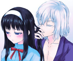 1boy 1girl black_hair blue_eyes blue_kimono blush closed_eyes closed_mouth flustered formal_clothes grabbing_another&#039;s_hair japanese_clothes kimono lo_lis pectorals short_hair siblings smelling tohno_akiha tohno_shiki_(2) tsukihime type-moon white_hair