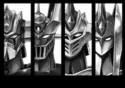 Rule 34 | aquadizer, grendizer (grendizer u), grendizer u, highres, horns, huge horns, inata wataru, looking at viewer, mazinger (series), mazinger z (mecha), mecha, mecha focus, no humans, pilder, redesign, robot, science fiction, simple background, super robot, ufo robo grendizer, zeoradizer