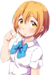 Rule 34 | 1girl, blue bow, bow, dress shirt, highres, hoshizora rin, looking at viewer, love live!, love live! school idol project, open mouth, orange hair, otonokizaka school uniform, school uniform, sen (sen0910), shirt, short hair, short sleeves, simple background, solo, summer uniform, upper body, white background, white shirt, yellow eyes
