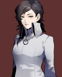 1girl 4me3ba_niku black_hair brown_background coat digital_devil_saga grey_eyes high_collar highres jenna_angel jewelry long_sleeves looking_at_viewer medium_hair necklace solo upper_body white_coat