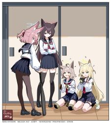 4girls absurdres ahoge animal_ear_fluff animal_ears baseball_bat black_gloves black_hair black_pantyhose black_shoes black_socks black_thighhighs blonde_hair blue_archive blue_eyes blue_sailor_collar blue_skirt blush boots brown_hair closed_mouth crossed_arms fox_ears fox_girl fox_platoon_(blue_archive) gloves green_boots green_eyes green_gloves hair_between_eyes hair_ribbon halo highres holding holding_baseball_bat knee_pads kneeling kurumi_(blue_archive) long_hair looking_at_another medium_hair melissa_v2 multiple_girls necktie niko_(blue_archive) open_mouth otogi_(blue_archive) own_hands_together pantyhose pink_hair ponytail red_eyes red_gloves red_necktie red_ribbon ribbon sailor_collar school_uniform shirt shoes sidelocks skirt socks thighhighs white_shirt white_shoes yukino_(blue_archive)