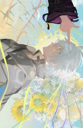 1boy 1girl antenna_hair black_choker black_shirt blue_cape blue_eyes blue_sky cape choker coat cyrene_(honkai:_star_rail) finger_gun from_side hashtag-only_commentary highres honkai:_star_rail honkai_(series) male_focus phainon_(honkai:_star_rail) profile shirt short_hair sideways sky solo_focus white_coat white_hair yellow_blood yu28d_fff