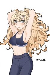Rule 34 | 1girl, alternate costume, arms behind head, black panties, black sports bra, blonde hair, breasts, cowboy shot, grey eyes, hamuno, highres, kantai collection, long hair, looking at viewer, medium breasts, midriff, minneapolis (kancolle), one-hour drawing challenge, panties, pants, simple background, solo, sports bra, standing, twitter username, two side up, underwear, wavy hair, white background, yoga pants