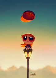 1boy artist_name baseball_cap black_pants black_shoes blunt_bangs brick_(ppg) frown furrowed_brow hat highres lamppost long_hair male_focus noinoichebura orange_hair pants parted_bangs powerpuff_girls red_eyes red_hair red_hat red_shirt rowdyruff_boys shirt shoes sitting sneakers solo solo_focus striped_clothes striped_shirt twitter_username unworn_hat unworn_headwear