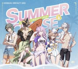 3boys 3girls black_one-piece_swimsuit black_shorts blue_background blue_eyes blue_shorts breasts buruma clothes_writing competition_swimsuit crossed_arms elysia_(herrscher_of_human:_ego)_(honkai_impact) elysia_(honkai_impact) elysia_(summer_2024)_(honkai_impact) english_text goggles goggles_on_head hand_on_own_cheek hand_on_own_face hand_on_own_forehead holding holding_surfboard honkai_(series) honkai_impact_3rd hooded_shirt kalpas_(honkai_impact) kevin_kaslana large_breasts legs long_hair looking_at_viewer mask mask_on_head medium_breasts mobius_(honkai_impact) multiple_boys multiple_girls official_alternate_costume official_art one-piece_swimsuit one_eye_closed open_clothes open_shirt pardofelis pectoral_cleavage pectorals pink_eyes pink_hair ribbon see-through_clothes shirt shorts sitting striped_clothes striped_one-piece_swimsuit su_(honkai_impact) sunglasses surfboard swimsuit third-party_source tied_shirt toned toned_male vertical-striped_clothes vertical-striped_one-piece_swimsuit very_long_hair white_shirt yellow_ribbon