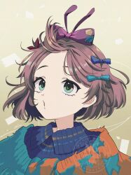 Rule 34 | 1girl, :o, bangs blown up, blue bow, blue eyes, blue scarf, bow, flutterpage, hair bow, highres, looking up, multiple hair bows, ohuman, orange scarf, portrait, purple bow, reverse:1999, scarf, short hair, solo, two-tone scarf, watermark, yellow background