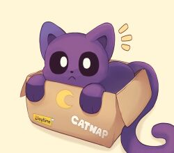 :&lt; absurdres animal_ears animal_hands animal_nose black_eyes box cardboard cat_ears cat_paws catnap_(poppy_playtime) company_name crescent highres moon poppy_playtime purple_tail rapiket