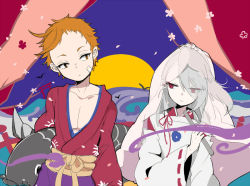 10s 2boys bird catfish fish grey_hair ima-no-tsurugi iwatooshi japanese_clothes long_hair male_focus multiple_boys orange_hair red_eyes sekimo short_hair torii touken_ranbu