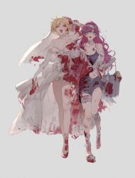 2girls ^_^ ahoge arm_up bandaged_arm bandaged_leg bandages bare_shoulders blonde_hair blood blood_in_hair blood_on_arm blood_on_body blood_on_breasts blood_on_clothes blood_on_face blood_on_feet blood_on_leg bloody_bandages bloody_clothes bloody_dress blue_eyes blush bow breasts bucket camisole cleavage closed_eyes collarbone corpse dot_nose dress dress_bow full_body grey_background grey_camisole hair_between_eyes high_heels highres holding holding_bucket holding_footwear holding_unworn_clothes holding_veil ichinose_shiki idolmaster idolmaster_cinderella_girls idolmaster_cinderella_girls_starlight_stage long_hair looking_at_viewer medium_breasts midriff_peek miniskirt miyamoto_frederica multiple_girls navel open_mouth pink_hair short_hair simple_background skirt smile standing standing_on_one_leg veil wavy_hair white_bow white_dress white_footwear white_veil yumi_xsh