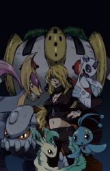 00s 1girl blonde_hair breasts cleavage collarbone cresselia cynthia_(pokemon) froslass gen_4_pokemon hair_over_one_eye heatran leafeon legendary_pokemon long_hair long_sleeves looking_at_viewer manaphy medium_breasts midriff mythical_pokemon navel nintendo pokemon pokemon_(creature) pokemon_dppt red_eyes regigigas stomach takanashi_ringo very_long_hair