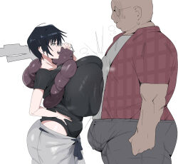 1boy 1girl black_hair black_shirt breast_press breasts bulge citizen_k_(pngj5475) fushiguro_touji genderswap genderswap_(mtf) gigantic_breasts grey_pants height_difference highres holding holding_sword holding_weapon inventory_curse_(jujutsu_kaisen) jujutsu_kaisen looking_at_another pants precum_stain scar scar_on_face scar_on_mouth shirt short_hair simple_background sword thick_thighs thighs weapon