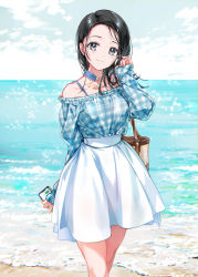 1girl belt black_eyes black_hair collarbone head_tilt highres looking_at_viewer mole mole_under_eye ocean off-shoulder_shirt off_shoulder phone shirt solo tiv