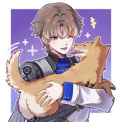 1boy animal animal_hug blush border brown_dog brown_hair chinese_commentary commentary_request dog highres male_focus mechanical_arms one_eye_closed outline outside_border purple_background purple_eyes shirt short_hair single_mechanical_arm solo tail tail_wagging white_border white_outline white_shirt wuthering_waves xiangli_yao_(wuthering_waves) zihongxinyue