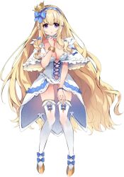 1girl :o artist_request blonde_hair boots bracelet breasts character_request corset crown dress full_body gold jewelry large_breasts long_hair open_mouth purple_eyes skirt tenkafuma thighhighs transparent_background white_dress white_thighhighs