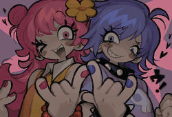 Rule 34 | 2girls, \m/, blue eyes, bracelet, choker, collar, dress, flower, hair flower, hair ornament, hi hi puffy amiyumi, highres, jewelry, looking at viewer, multiple girls, nail polish, one eye closed, oonuki ami, pink eyes, pink hair, pink nails, punk, purple hair, purple nails, purple shirt, sharp teeth, shirt, spiked bracelet, spiked choker, spiked collar, spikes, teeth, tonkatsu184, white collar, yellow dress, yoshimura yumi