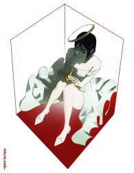 Rule 34 | 2girls, alien stage, alternate costume, black hair, bob cut, box, dress, halo, hashtag-only commentary, high heels, highres, holding, in box, in container, knees up, martographic, multiple girls, off-shoulder dress, off shoulder, origami, paper crane, shoes, signature, sitting, solo, sua (alien stage), white dress, white shoes