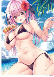 1girl bare_arms bare_shoulders beach bikini black_bikini breasts cleavage cloud covered_erect_nipples day flower hair_flower hair_ornament hair_ribbon halterneck hibiscus highres kurou_(quadruple_zero) large_breasts long_hair looking_at_viewer navel oil open_mouth otona_no_moeoh outdoors pink_hair pouring pouring_onto_self red_eyes ribbon side-tie_bikini_bottom skindentation solo stomach strap_gap string_bikini swimsuit thighs twintails wet