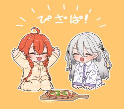 2girls :3 ahoge blush braid chibi closed_eyes commentary_request crossed_bangs earrings fangs food french_braid full_body grey_hair hair_between_eyes hands_up highres jewelry kashikaze long_hair long_sleeves low-tied_sidelocks low_twintails margherita_pizza mole mole_under_mouth multiple_girls nijisanji open_mouth orange_background orange_hair outline pajamas pizza seiza shirt shishido_akari simple_background sitting sophia_valentine translation_request twintails virtual_youtuber wariza white_outline white_shirt yellow_shirt