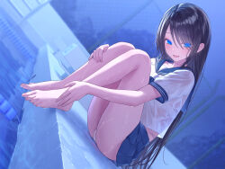 1girl :d barefoot black_hair blue_eyes blue_sailor_collar blue_skirt blurry blurry_background bra bra_visible_through_clothes chain-link_fence closed_mouth feet fence grey_hoodie hair_between_eyes highres hood hoodie jfjf knees_up long_hair long_sleeves looking_at_viewer night open_mouth original outdoors panties pleated_skirt pool pool_ladder poolside sailor_collar school_uniform shirt short_sleeves sitting skirt smile solo thighs toes tree underwear variant_set wet wet_clothes wet_shirt white_bra white_panties white_shirt