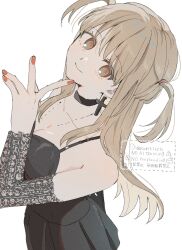1girl amane_misa black_dress blonde_hair closed_mouth cowboy_shot cross cross_earrings death_note detached_sleeves dress earrings highres jewelry kuritiizu lace lace_sleeves long_hair looking_at_viewer nail_polish orange_nails simple_background smile solo spaghetti_strap two_side_up watermark white_background yellow_eyes