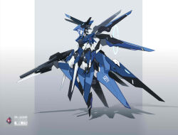 1girl absurdres grey_background gun highres holding holding_gun holding_weapon jhcrow3 mecha mechanical_wings no_humans open_hand original rifle robot science_fiction shadow solo variant_set weapon wings